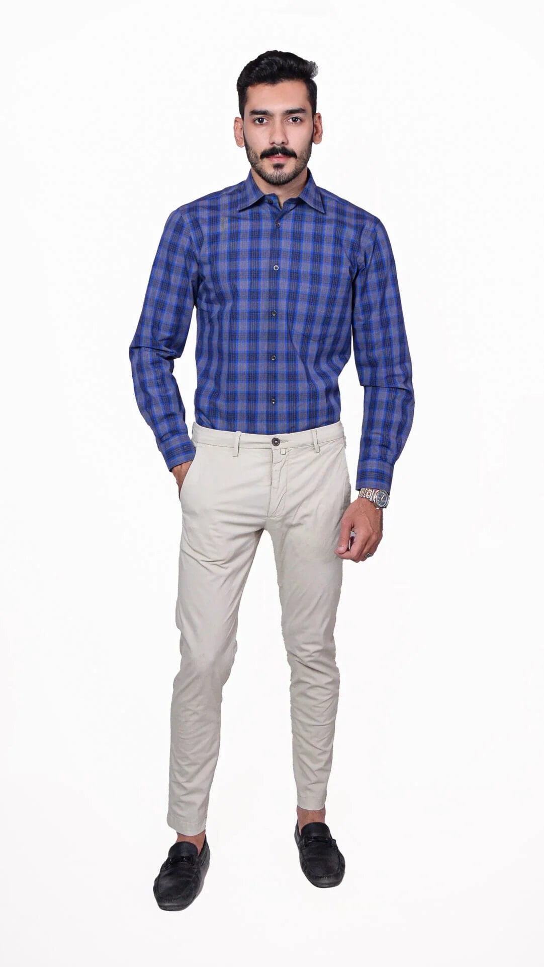 Firdous Blue & Grey Check Menβs Formal Shirt Cotton